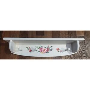 Vintage Wooden Floral Shelf Rack Ivory 4 Pegs Cottagecore Pink Red Yellow Purple